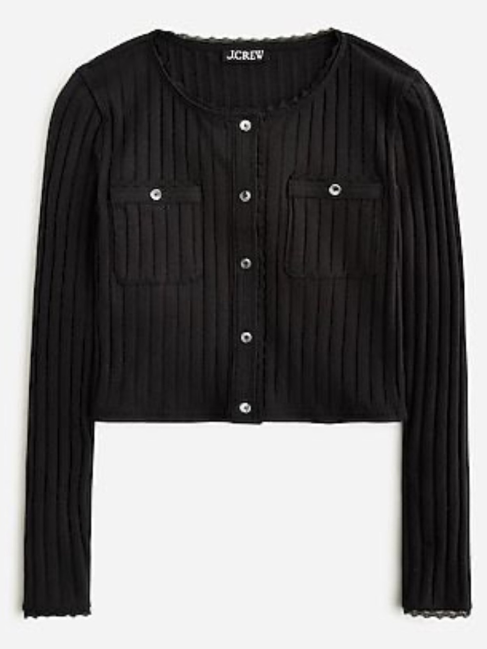 J. Crew Pointelle Black Ribbed Lace-Trim Button Cardigan